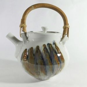 Studio Pottery Bamboo Handle RaKu Stoneware Teapot Signed